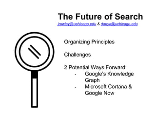 The Future of Search
jrowley@uchicago.edu & danya@uchicago.edu
Organizing Principles
Challenges
2 Potential Ways Forward:
- Google’s Knowledge
Graph
- Microsoft Cortana &
Google Now
 