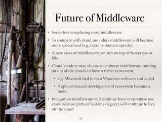 Future of Middleware
• Serverless is replacing most middleware
• To compete with cloud providers middleware will become
more specialized (e.g. become domain speciﬁc)
• A new class of middleware can run on top of Serverless or
k8s.
• Cloud vendors may choose to embrace middleware running
on top of the clouds to have a richer ecosystem.
• e.g. Microsoft tied to own Windows software and failed
• Apple embraced developers and ecosystem became a
mote.
• Integration middleware will continue have on-premise use
cases because parts of systems (legacy) will continue to live
off the cloud
!18
 