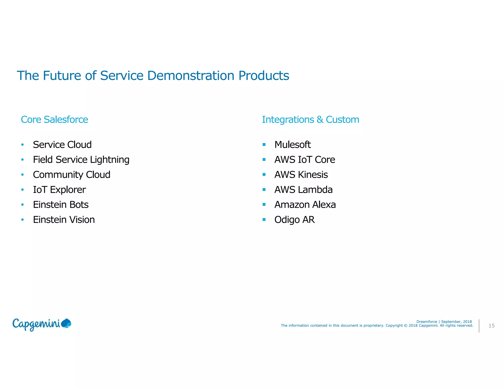 15The information contained in this document is proprietary. Copyright © 2018 Capgemini. All rights reserved.
Dreamforce | September, 2018
• Service Cloud
• Field Service Lightning
• Community Cloud
• IoT Explorer
• Einstein Bots
• Einstein Vision
Mulesoft
AWS IoT Core
AWS Kinesis
AWS Lambda
Amazon Alexa
Odigo AR
Core Salesforce Integrations & Custom
The Future of Service Demonstration Products
 