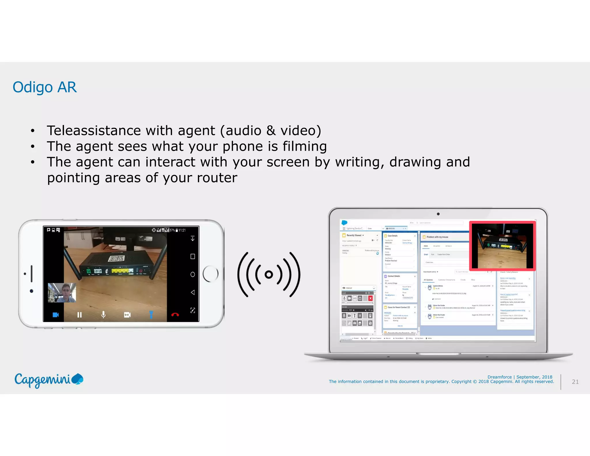 21The information contained in this document is proprietary. Copyright © 2018 Capgemini. All rights reserved.
Dreamforce | September, 2018
Odigo AR
• Teleassistance with agent (audio & video)
• The agent sees what your phone is filming
• The agent can interact with your screen by writing, drawing and
pointing areas of your router
 