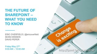 ERIC OVERFIELD | @ericoverfield
SEAN HANSEN
DAVID PEPER
THE FUTURE OF
SHAREPOINT –
WHAT YOU NEED
TO KNOW
http://pxml.ly/Future-of-SP
Friday May 27th
9:00 AM – 10:00 AM
 