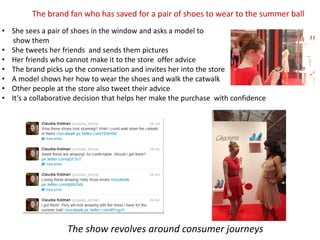 The brand fan who has saved for a pair of shoes to wear to the summer ball
• She sees a pair of shoes in the window and asks a model to
  show them
• She tweets her friends and sends them pictures
• Her friends who cannot make it to the store offer advice
• The brand picks up the conversation and invites her into the store
• A model shows her how to wear the shoes and walk the catwalk
• Other people at the store also tweet their advice
• It’s a collaborative decision that helps her make the purchase with confidence




                   The show revolves around consumer journeys
 