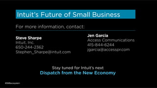For more information, contact:
#SMBecosystem
Steve Sharpe
Intuit, Inc.
650-244-2362
Stephen_Sharpe@intuit.com
Jen Garcia
Access Communications
415-844-6244
jgarcia@accesspr.com
Stay tuned for Intuit’s next
Dispatch from the New Economy
Intuit’s Future of Small Business
 
