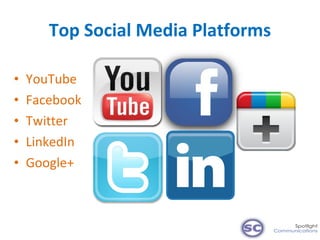 Top Social Media Platforms <ul><li>YouTube </li></ul><ul><li>Facebook </li></ul><ul><li>Twitter </li></ul><ul><li>LinkedIn...