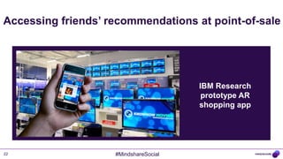 Accessing friends‟ recommendations at point-of-sale




                                       IBM Research
                                        prototype AR
                                       shopping app




22                  #MindshareSocial
 