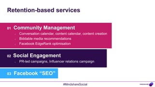 Retention-based services

01   Community Management
     o   Conversation calendar, content calendar, content creation
     o   Biddable media recommendations
     o   Facebook EdgeRank optimisation


02   Social Engagement
     o   PR-led campaigns, Influencer relations campaign


03   Facebook “SEO”

                                     #MindshareSocial
 