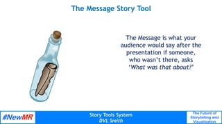 Story Tools System
DVL Smith
The Future of
Storytelling and
Visualisation
	
	
The Message Story Tool
The Message is what y...