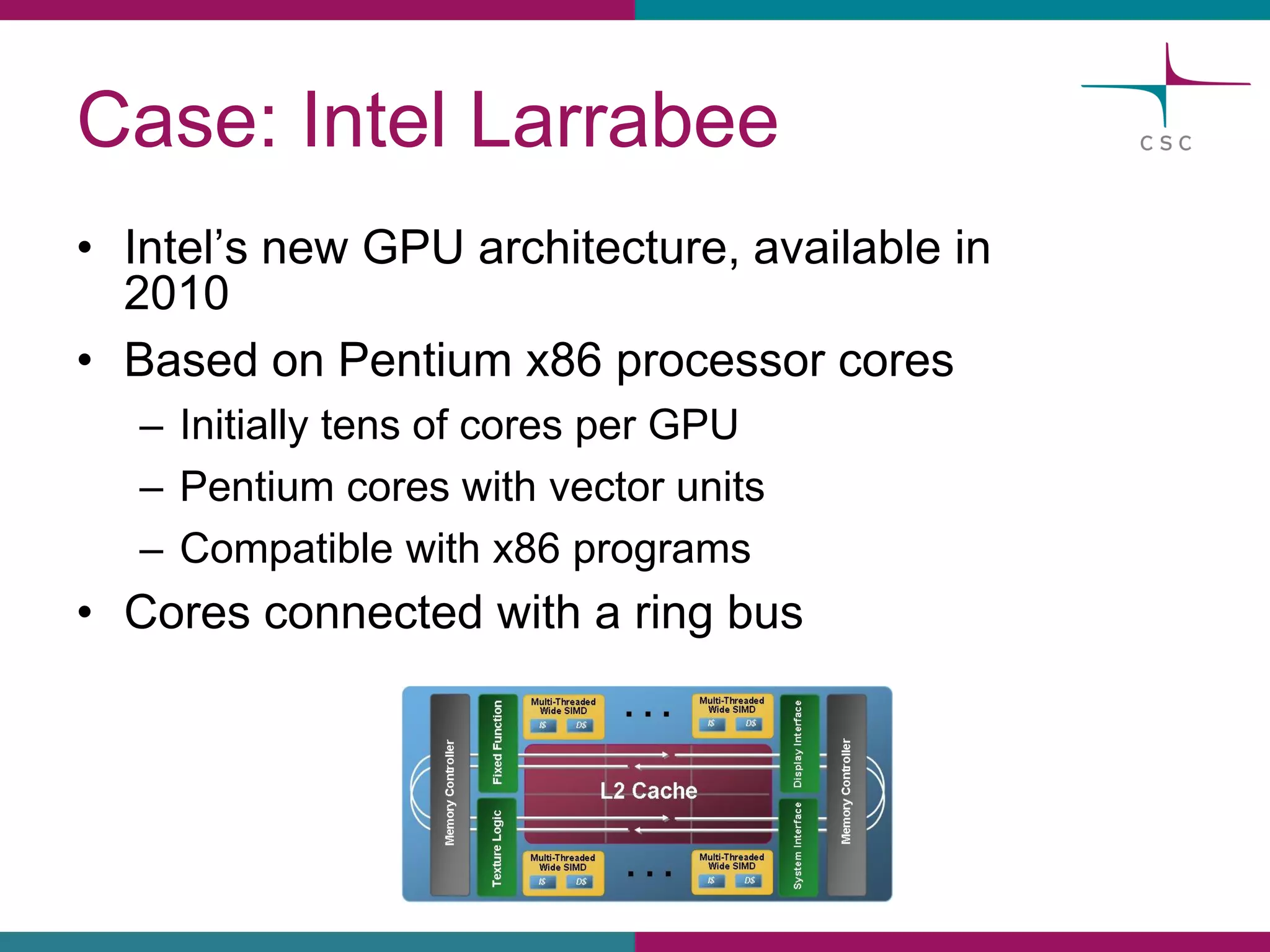 Case: Intel Larrabee 
•Intel’snew GPU architecture, availablein 2010 
•Basedon Pentium x86 processorcores 
–Initiallytensof coresper GPU 
–Pentium coreswithvectorunits 
–Compatiblewithx86 programs 
•Coresconnectedwitha ringbus  