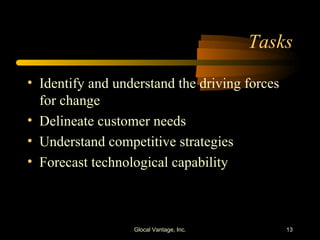 Tasks Identify and understand the driving forces for change Delineate customer needs Understand competitive strategies Forecast technological capability Glocal Vantage, Inc. 