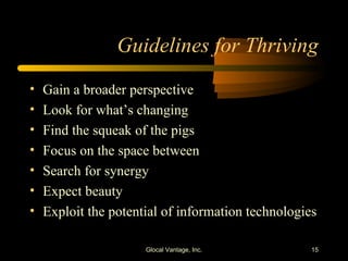 Guidelines for Thriving Gain a broader perspective Look for what’s changing Find the squeak of the pigs Focus on the space between Search for synergy Expect beauty Exploit the potential of information technologies Glocal Vantage, Inc. 
