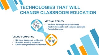 TECHNOLOGIES THAT WILL
CHANGE CLASSROOM EDUCATION
• Real life training for future careers
• Real demonstration of complex concepts
• Remote learning
VIRTUAL REALITY
• No more expensive textbooks
• Updated learning materials
• Online assignments easy to track
CLOUD COMPUTING
 