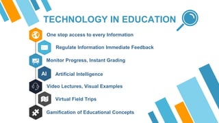 TECHNOLOGY IN EDUCATION
AI
One stop access to every Information
Regulate Information Immediate Feedback
Monitor Progress, Instant Grading
Artificial Intelligence
Video Lectures, Visual Examples
Virtual Field Trips
Gamification of Educational Concepts
 