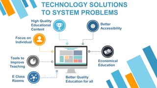 TECHNOLOGY SOLUTIONS
TO SYSTEM PROBLEMS
Focus on
Individual
Tools to
Improve
Teaching
E Class
Rooms
High Quality
Educational
Content
Better
Accessibility
Economical
Education
Better Quality
Education for all
 