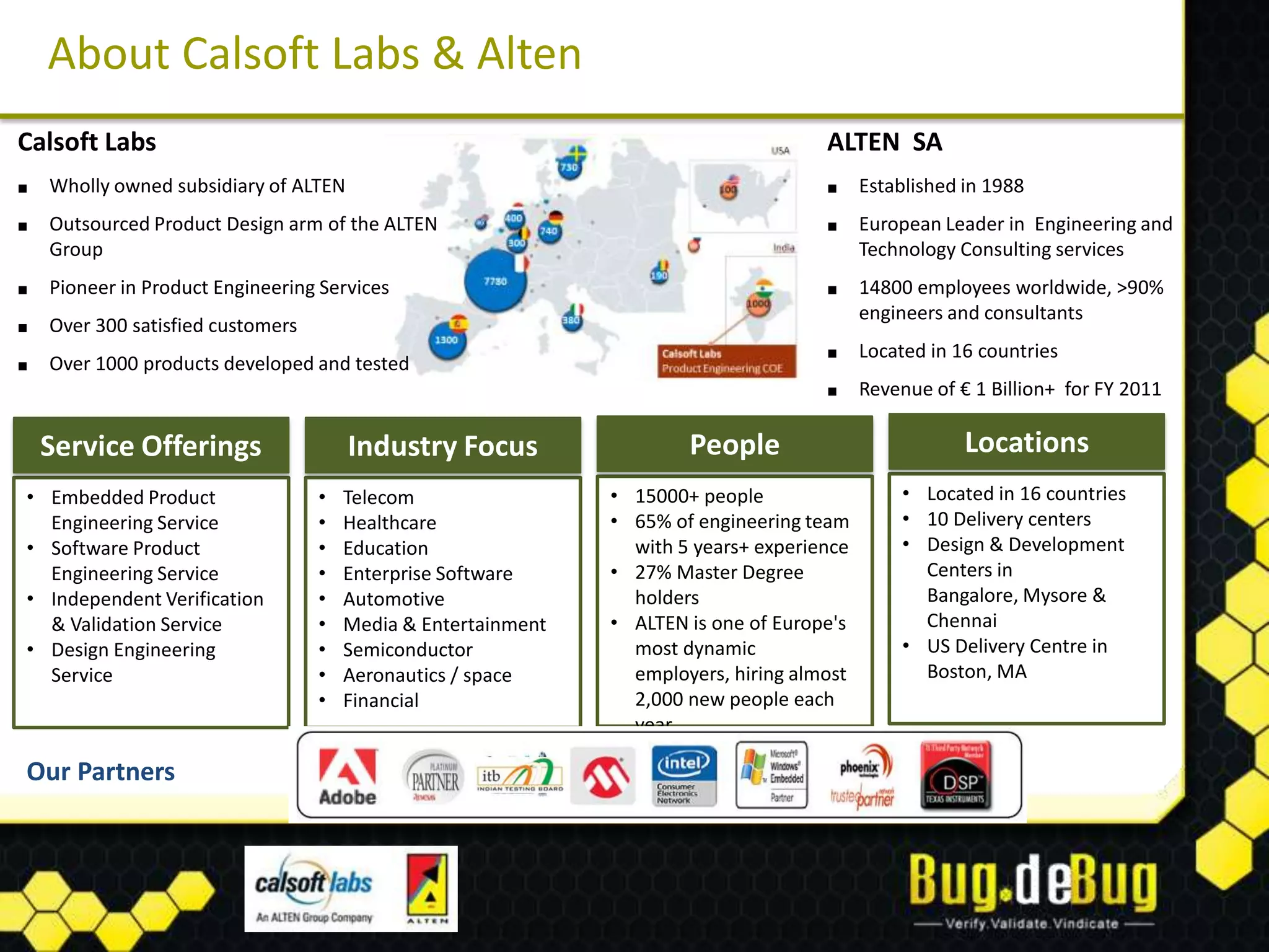 About Calsoft Labs & Alten
Calsoft Labs                                                                          ALTEN SA
■   Wholly owned subsidiary of ALTEN                                                  ■     Established in 1988
■   Outsourced Product Design arm of the ALTEN                                        ■     European Leader in Engineering and
    Group                                                                                   Technology Consulting services
■   Pioneer in Product Engineering Services                                           ■     14800 employees worldwide, >90%
                                                                                            engineers and consultants
■   Over 300 satisfied customers
                                                                                      ■     Located in 16 countries
■   Over 1000 products developed and tested
                                                                                      ■     Revenue of € 1 Billion+ for FY 2011

    Service Offerings                  Industry Focus                  People                           Locations
• Embedded Product                 •   Telecom                 • 15000+ people                  • Located in 16 countries
  Engineering Service              •   Healthcare              • 65% of engineering team        • 10 Delivery centers
• Software Product                 •   Education                 with 5 years+ experience       • Design & Development
  Engineering Service              •   Enterprise Software     • 27% Master Degree                Centers in
• Independent Verification         •   Automotive                holders                          Bangalore, Mysore &
  & Validation Service             •   Media & Entertainment   • ALTEN is one of Europe's         Chennai
• Design Engineering               •   Semiconductor             most dynamic                   • US Delivery Centre in
  Service                          •   Aeronautics / space       employers, hiring almost         Boston, MA
                                   •   Financial                 2,000 new people each
                                                                 year.

Our Partners
 