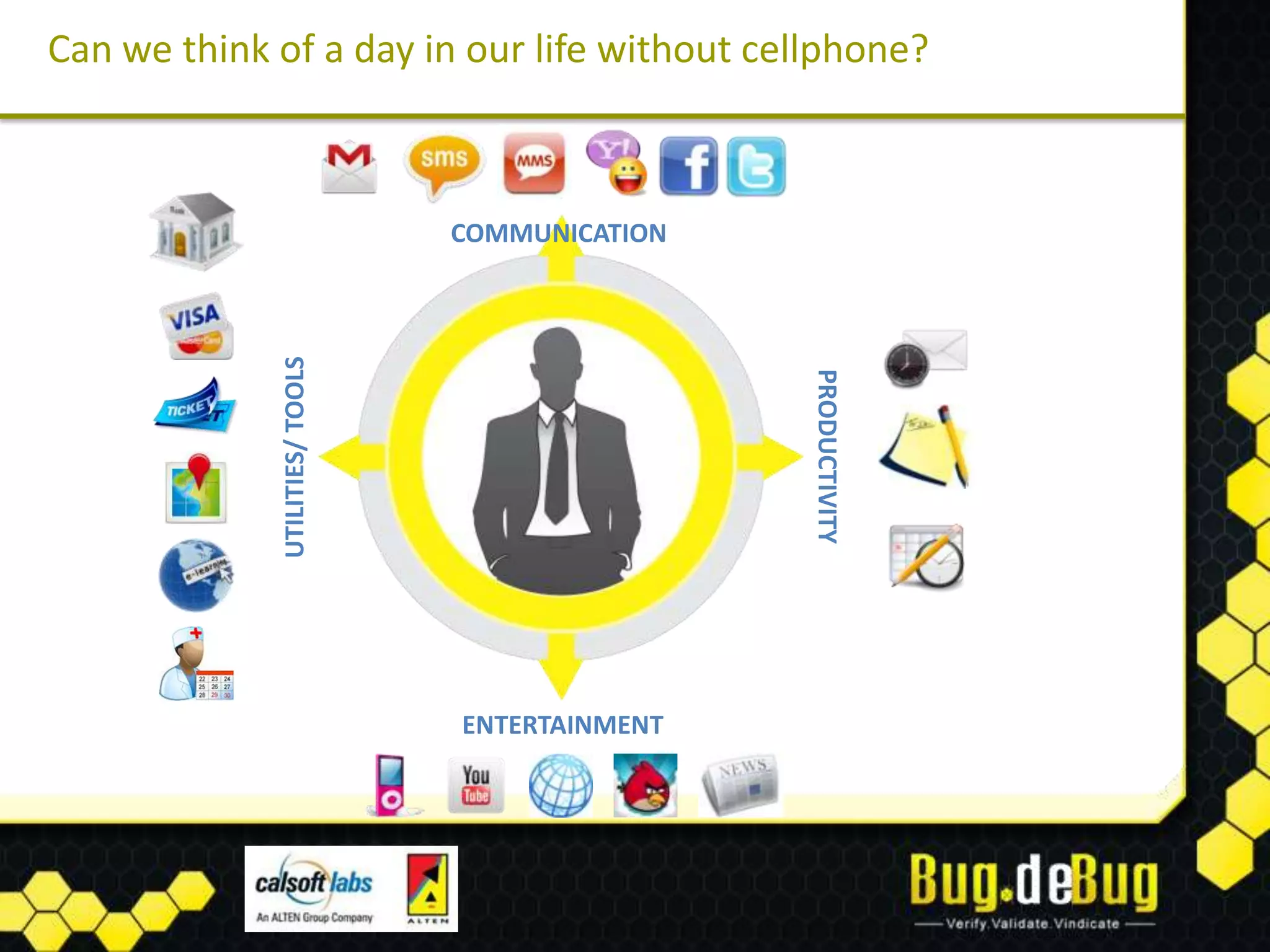 Can we think of a day in our life without cellphone?



                                COMMUNICATION

             UTILITIES/ TOOLS




                                                PRODUCTIVITY
                                ENTERTAINMENT
 