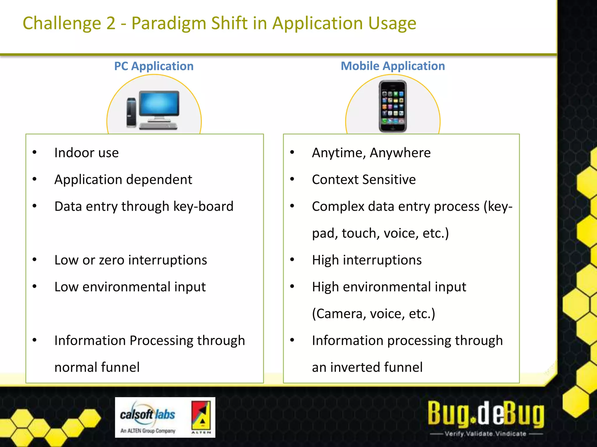 Challenge 2 - Paradigm Shift in Application Usage

              PC Application                   Mobile Application




 •   Indoor use                       •   Anytime, Anywhere
 •   Application dependent            •   Context Sensitive
 •   Data entry through key-board     •   Complex data entry process (key-
                                          pad, touch, voice, etc.)
 •   Low or zero interruptions        •   High interruptions
 •   Low environmental input          •   High environmental input
                                          (Camera, voice, etc.)
 •   Information Processing through   •   Information processing through
     normal funnel                        an inverted funnel
 
