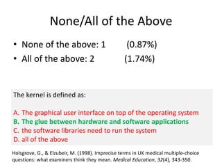 None/All of the Above
• None of the above: 1 (0.87%)
• All of the above: 2 (1.74%)
The kernel is defined as:
A. The graphical user interface on top of the operating system
B. The glue between hardware and software applications
C. the software libraries need to run the system
D. all of the above
Holsgrove, G., & Elzubeir, M. (1998). Imprecise terms in UK medical multiple‐choice
questions: what examiners think they mean. Medical Education, 32(4), 343-350.
 