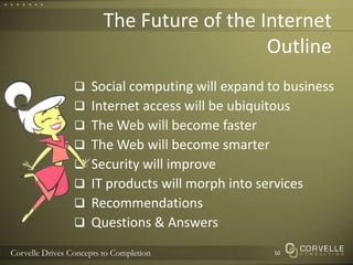 The Future of the Internet OutlineSocial computing will expand to businessInternet access will be ubiquitousThe Web will become fasterThe Web will become smarterSecurity will improveIT products will morph into servicesRecommendationsQuestions & Answers10