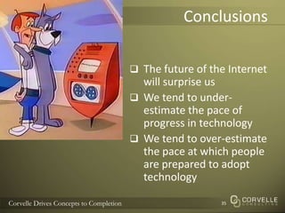 ConclusionsThe future of the Internet will surprise usWe tend to under-estimate the pace of progress in technologyWe tend to over-estimate the pace at which people are prepared to adopt technology35