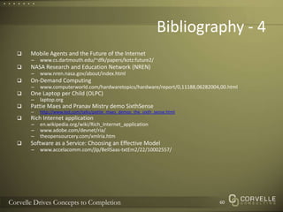 Bibliography - 4Mobile Agents and the Future of the Internet www.cs.dartmouth.edu/~dfk/papers/kotz:future2/NASA Research and Education Network (NREN) www.nren.nasa.gov/about/index.htmlOn-Demand Computingwww.computerworld.com/hardwaretopics/hardware/report/0,11188,06282004,00.htmlOne Laptop per Child (OLPC)laptop.orgPattie Maes and PranavMistry demo SixthSensehttp://www.ted.com/talks/pattie_maes_demos_the_sixth_sense.htmlRich Internet applicationen.wikipedia.org/wiki/Rich_Internet_applicationwww.adobe.com/devnet/ria/theopensourcery.com/xmlria.htmSoftware as a Service: Choosing an Effective Modelwww.accelacomm.com/jlp/BellSaas-txtEm2/22/10002557/60