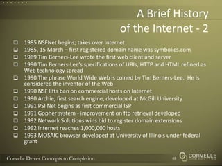 A Brief Historyof the Internet - 21985 NSFNet begins; takes over Internet1985, 15 March – first registered domain name was symbolics.com1989 Tim Berners-Lee wrote the first web client and server1990 Tim Berners-Lee’s specifications of URIs, HTTP and HTML refined as Web technology spread1990 The phrase World Wide Web is coined by Tim Berners-Lee.  He is considered the inventor of the Web1990 NSF lifts ban on commercial hosts on Internet1990 Archie, first search engine, developed at McGill University1991 PSI Net begins as first commercial ISP1991 Gopher system - improvement on ftp retrieval developed1992 Network Solutions wins bid to register domain extensions1992 Internet reaches 1,000,000 hosts1993 MOSAIC browser developed at University of Illinois under federal grant69
