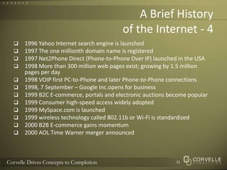 A Brief Historyof the Internet - 41996 Yahoo Internet search engine is launched1997 The one millionth domain name is registered1997 Net2Phone Direct (Phone-to-Phone Over IP) launched in the USA1998 More than 300 million web pages exist; growing by 1.5 million pages per day1998 VOIP first PC-to-Phone and later Phone-to-Phone connections1998, 7 September – Google Inc.opens for business1999 B2C E-commerce, portals and electronic auctions become popular1999 Consumer high-speed access widely adopted1999 MySpace.com is launched1999 wireless technology called 802.11b or Wi-Fi is standardized2000 B2B E-commerce gains momentum2000 AOL Time Warner merger announced71