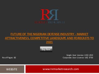 FUTURE OF THE NIGERIAN DEFENSE INDUSTRY - MARKET
ATTRACTIVENESS, COMPETITIVE LANDSCAPE AND FORECASTS TO
2021
www.rnrmarketresearch.comWEBSITE
Single User License: US$ 1250
No of Pages: 82 Corporate User License: US$ 3750
 