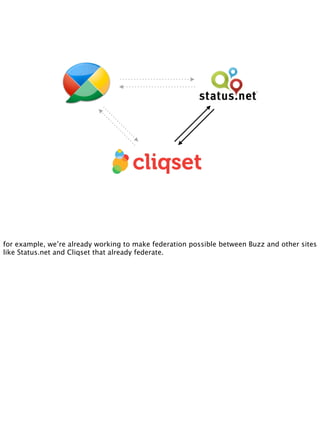 for example, we’re already working to make federation possible between Buzz and other sites
like Status.net and Cliqset th...