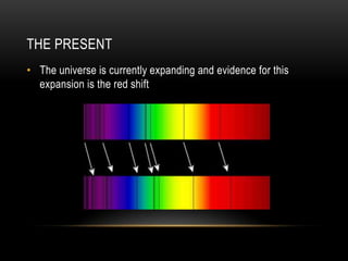 THE PRESENT
• The universe is currently expanding and evidence for this
  expansion is the red shift
 