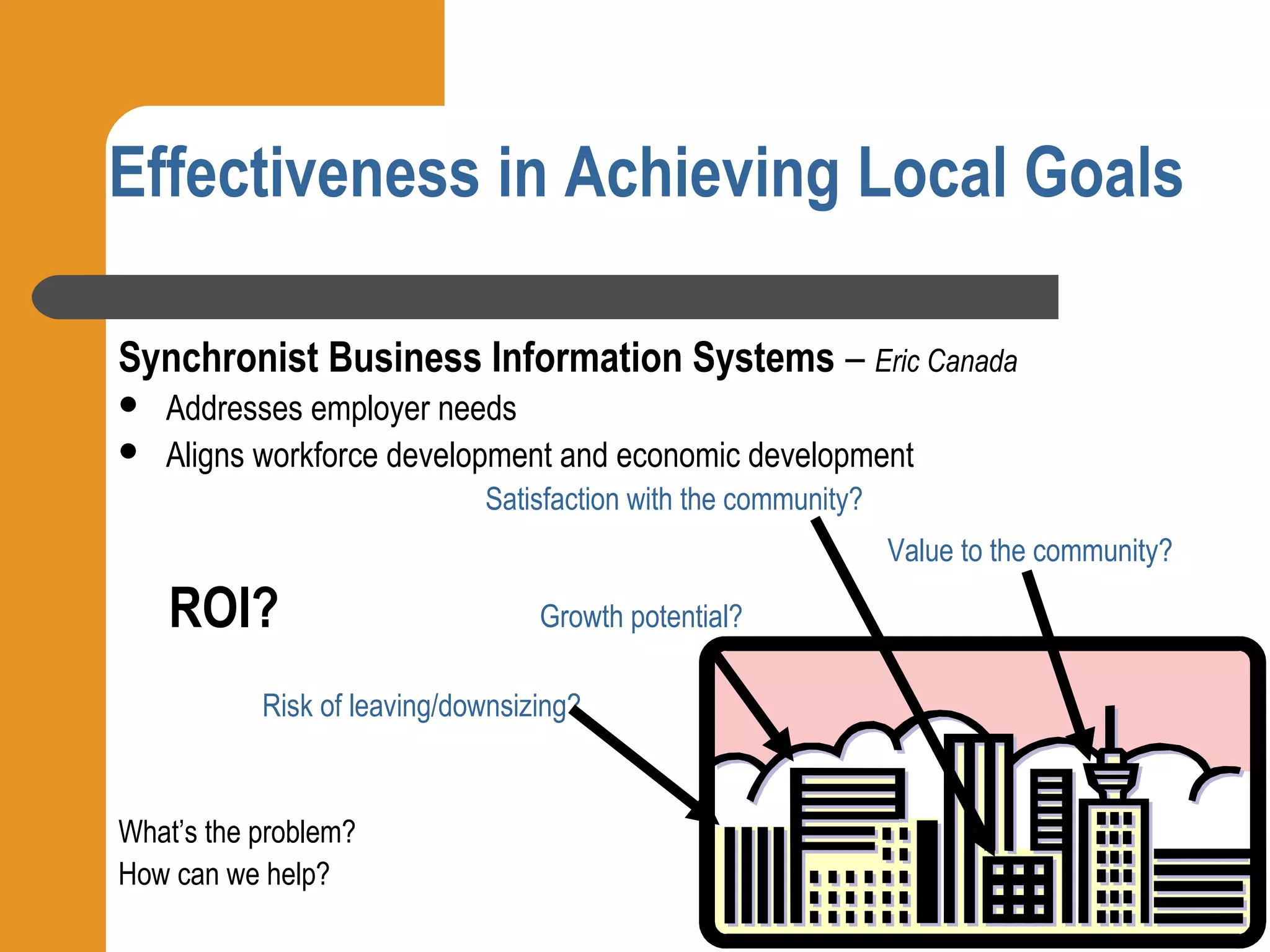 Effectiveness in Achieving Local Goals

Synchronist Business Information Systems – Eric Canada
   Addresses employer needs
   Aligns workforce development and economic development
                             Satisfaction with the community?
                                                                Value to the community?

    ROI?                          Growth potential?

           Risk of leaving/downsizing?


What’s the problem?
How can we help?
 