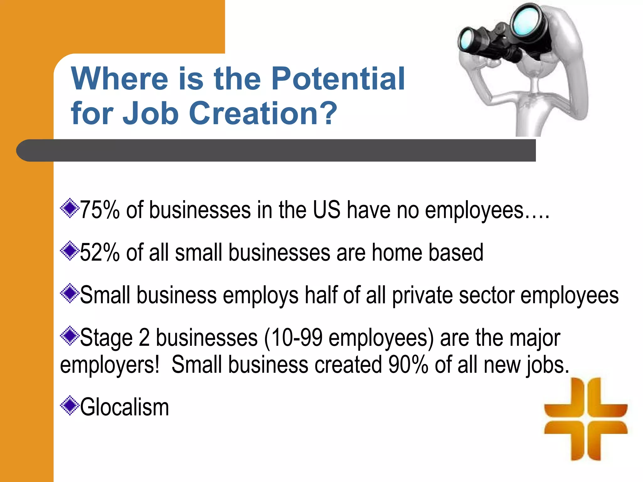 Where is the Potential
 for Job Creation?

  75% of businesses in the US have no employees….
  52% of all small businesses are home based
  Small business employs half of all private sector employees
 Stage 2 businesses (10-99 employees) are the major
employers! Small business created 90% of all new jobs.
  Glocalism
 