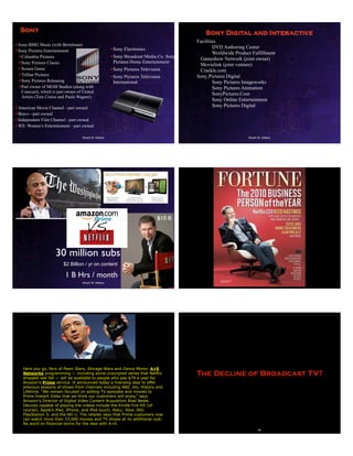 •Sony-BMG Music (with Bertelman)
•Sony Pictures Entertainment
•Columbia Pictures
•Sony Pictures Classic
•Screen Gems
•TriStar Pictures
•Sony Pictures Releasing
•Part owner of MGM Studios (along with
Comcast), which is part owner of United
Artists (Tom Cruise and Paula Wagner).
•American Movie Channel - part owned
•Bravo - part owned
•Independent Film Channel - part owned
•WE: Women’s Entertainment - part owned
Stuart W. Volkow
Sony
•Sony Electronics
•Sony Broadcast Media Co. Sony
Pictures Home Entertainment
•Sony Pictures Television
•Sony Pictures Television
International
Stuart W. Volkow
Sony Digital and Interactive
Facilities
DVD Authoring Center
Worldwide Product Fulfillment
Gameshow Network (joint owner)
Movielink (joint venture)
Crackle.com
Sony Pictures Digital
Sony Pictures Imageworks
Sony Pictures Animation
SonyPictures.Com
Sony Online Entertainment
Sony Pictures Digital
Stuart W. Volkow
$2 Billion / yr on content
1 B Hrs / month
30 million subs
$10 B
Here you go, fans of Pawn Stars, Storage Wars and Dance Moms: A+E
Networks programming — including some unscripted series that Netflix
dropped last fall — will be available to people who pay $79 a year for
Amazon’s Prime service. It announced today a licensing deal to offer
previous seasons of shows from channels including A&E, bio, History and
Lifetime. “We remain focused on adding TV episodes and movies to
Prime Instant Video that we think our customers will enjoy,” says
Amazon’s Director of Digital Video Content Acquisition Brad Beale.
Devices capable of playing the videos include the Kindle Fire HD (of
course); Apple’s iPad, iPhone, and iPod touch; Roku; Xbox 360;
PlayStation 3; and the Wii U. The retailer says that Prime customers now
can watch more than 33,000 movies and TV shows at no additional cost.
No word on financial terms for the deal with A+E.
The Decline of Broadcast TV?
66
 