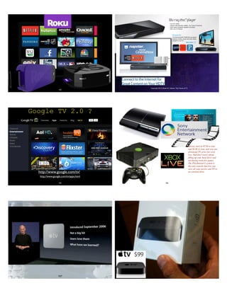 103
Copyright 2012 Stuart W. Volkow, The Future of TV
Google TV 2.0 ?
105
http://www.google.com/tv/apps.html
http://www.google.com/tv/
Movies start at $2.99 to rent
and $9.99 to own, and you can
download TV series for even
less. And don’t worry about
ﬁlling up your hard drive and
not having room for games.
The PlayStation®3 system is
the only console that lets you
save all your movies and TV to
an external drive.
106
107 108
 