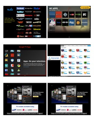115
VUDU Apps - The
applications platform
for connected TVs and
Blu-ray players
116
117
Google TV Apps
Copyright 2013 Stuart W. Volkow, The Future of TV
http://connectedtv.yahoo.com/services/tv-widgets/119
http://connectedtv.yahoo.com/services/tv-widgets/120
 