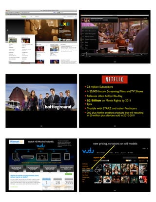 127 128
129
✦ 23 million Subscribers
✦ > 20,000 Instant Streaming Films and TV Shows
✦ Releases often before Blu-Ray
✦ $2 Billion on Movie Rights by 2011
✦ Epix
✦ Trouble with STARZ and other Producers
✦ 200 plus Netﬂix enabled products that will resulting
in 60 million plus devices sold in 2010-2011
130
131
This isn’t a subscription
service. It’s on-demand with
rentals available from $1 to
$5.99 and purchases starting
at $4.99.
new pricing, variations on old models
132
 