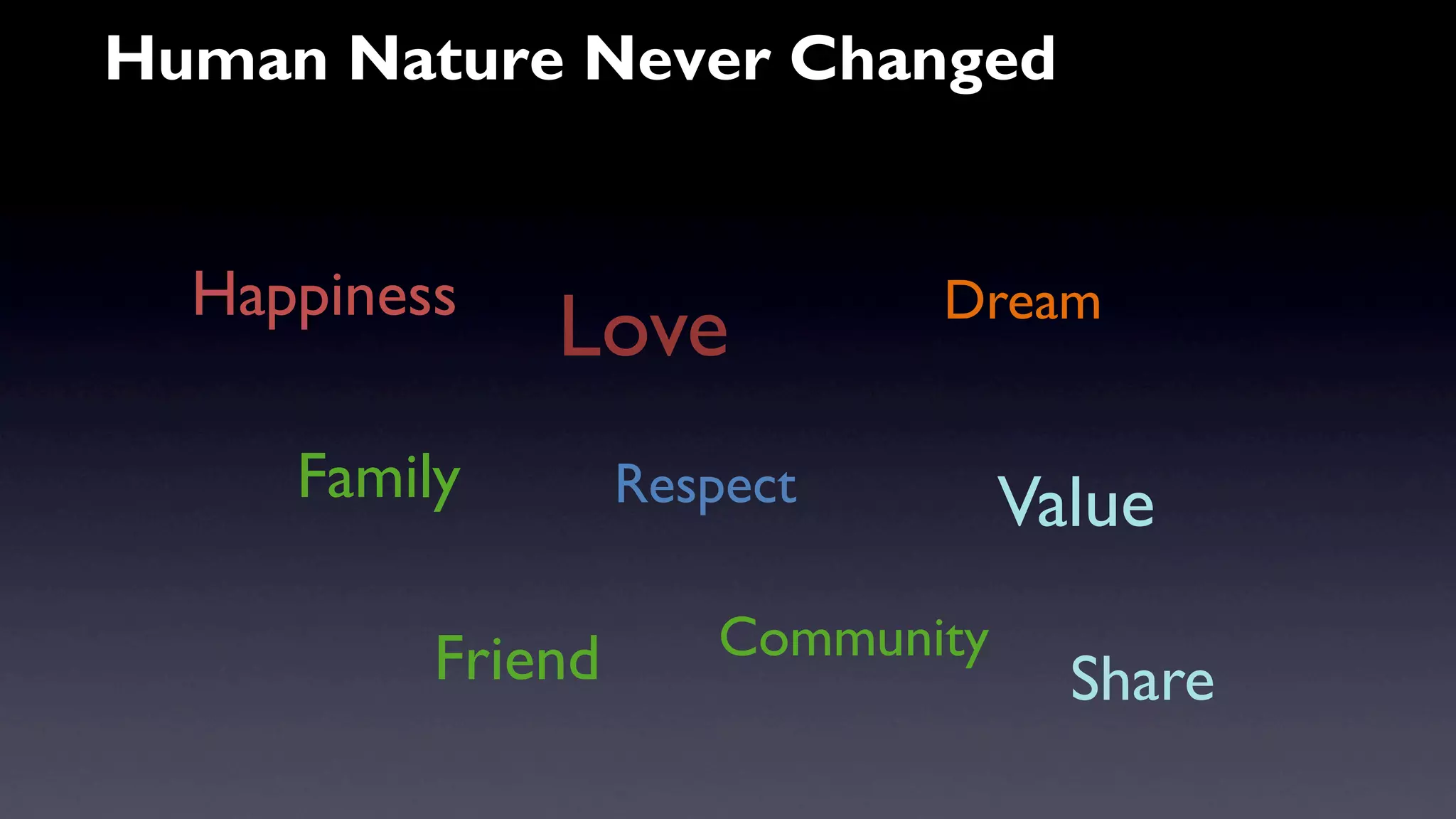 H u m a n N a t u r e N e v e r C h a n g e d 
Happiness Love Dream 
Family Respect 
Friend Community 
Value 
Share 
 