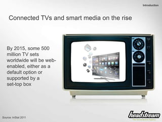Introduction
Connected TVs and smart media on the rise
By 2015, some 500
million TV sets
worldwide will be web-
enabled, e...