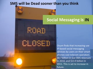 SMS will be Dead sooner than you think



                    Social Messaging is IN




                          Ovum finds that increasing use
                          IP-based social messaging
                          services by users on their smart
                          phones cost telecom operators
                          $8.7 billion in lost SMS revenues
                          in 2010, and $13.9 billion in
                          2011. This is set to increase in
                          future.
 