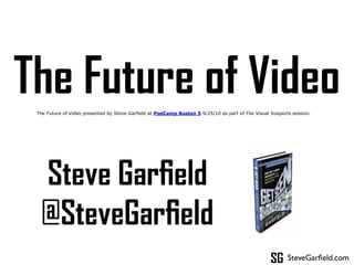 The Future of Video
 The Future of Video presented by Steve Garfield at PodCamp Boston 5 9/25/10 as part of The Visual Suspects session.




  Steve Garﬁeld
  @SteveGarﬁeld
                                                                                                          SteveGarﬁeld.com
 