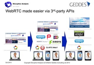 WebRTC made easier via 3rd-party APIs

CU-RTC-Web?

Oct 2013

Copyright Disruptive Analysis Ltd & Martin Geddes Consulting Ltd 2013

 
