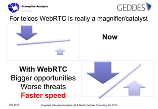 For telcos WebRTC is really a magnifier/catalyst

Now

With WebRTC
Bigger opportunities
Worse threats
Faster speed
Oct 2013

Copyright Disruptive Analysis Ltd & Martin Geddes Consulting Ltd 2013

 
