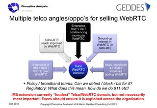 Multiple telco angles/oppo’s for selling WebRTC

Telco-OTT
reach improved
by WebRTC

Extension of
IMS / RCS /
VoLTE over
WebRTC

Enterprise
VoIP / UC /
conferencing
moving to
WebRTC

Telco
WebRTC
interest

Ground-up
interest in
WebRTC (in
labs etc)

Apps, developer
& HTML5
initiatives
adding WebRTC

+ Policy / broadband teams: Can we detect / block / bill for it?
Regulatory: What does this mean, how do we do 911 etc?
IMS extension currently “loudest” Telco/WebRTC domain, but not necessarily
most important. Execs should ensure it is exploited across the organisation
Oct 2013

Copyright Disruptive Analysis Ltd & Martin Geddes Consulting Ltd 2013

 