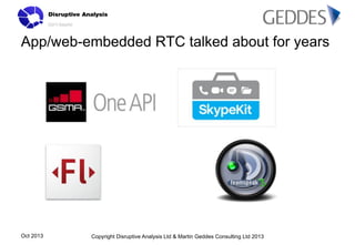 App/web-embedded RTC talked about for years

Oct 2013

Copyright Disruptive Analysis Ltd & Martin Geddes Consulting Ltd 2013

 