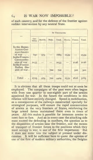 64              IS       WAR NOW                          IMPOSSIBLE?
of each country, and for the defence of the frontier against
sudden intervention by any neutral State.


                                                            In Thousands.


                             Ger-
                                         Austria.       Italy.   Total.       Russia.   France.   Total.
                             many.


 In the Russo-
  Austro-Ger-
  man theatre
     of   war   .    .        6go          979                   1669     !
                                                                              2539                2539
 In the Franco-
  German the-
  atre of war            .   2035                                2035                   2126      2126
 In the Franco-
   Italian the-
  atre of war            .                               700      700                     500      500

                                     1              1                     1




      Total     .    .       2725    i
                                           979           700     4404     ,
                                                                              2539      2626      5165
                                                    j




                                     1              '                     '




   It is obvious that all these troops could not at once be
employed. The campaigns of the past were often begun
with from one quarter to one-eighth part of the armies
appointed for war.      In the future the conditions in this
relation will have entirely changed. Speed in mobilisation,
as a consequence of the railways constructed specially for
strategical purposes, will ensure the rapid concentration
of armies at the very frontiers of States, reinforcing the
large armed forces maintained there even in times of
peace.    All this makes it possible for immense armies to
meet face to face. And as in every case the attacking side
must exceed the defending in numbers, the question as to
the disposition of armies near the frontier, and the means
of transport of frontier forces to the positions which they
must occupy in war, is one of the first importance. But
it does not enter into the subject at present under dis-

cussion.    It will be sufficient here to quote the opinion of
one of the first of modern military authorities, the Belgian
 