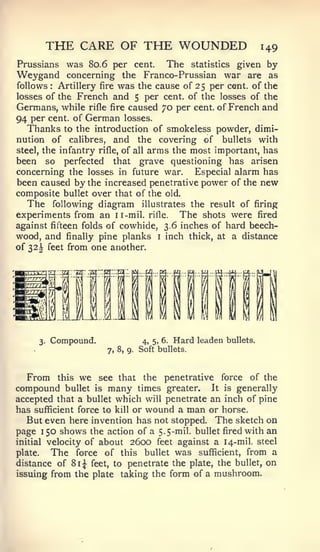THE CARE OF THE WOUNDED                                         149
Prussians was 80.6 per cent.           The statistics given by
Weygand      concerning the Franco- Prussian war are as
follows Artillery fire was the cause of 25 per cent, of the
          :



losses of the French and 5 per cent, of the losses of the
Germans, while rifle fire caused 70 per cent, of French and
94 per cent, of German losses.
   Thanks to the introduction of smokeless powder, dimi-
nution of calibres, and the covering of bullets with
steel, the infantry rifle, of all arras the most important, has
been so perfected that grave questioning has arisen
concerning the losses in future war.         Especial alarm has
been caused by the increased penetrative power of the new
composite bullet over that of the old.
   The following diagram illustrates the result of firing
experiments from an ii-mil. rifle. The shots were fired
against fifteen folds of cowhide, 3.6 inches of hard beech-
wood, and finally pine planks i inch thick, at a distance
of 32 1 feet from one another.



                                                      rr^ 111
                                                        N
                                                       ill
                                                               ffl




                                                       iiiiil
     3.   Compound.                   4, 5, 6.   Hard leaden   bullets.
                           7, 8, 9.   Soft bullets.



  From        this   we        the penetrative force of the
                          see that
compound       bullet is   many
                              times greater. It is generally
accepted that a bullet which will penetrate an inch of pine
has sufficient force to kill or wound a man or horse.
   But even here invention has not stopped. The sketch on
page 150 shows the action of a 5.5-mil. bullet fired with an
initial velocity of about 2600 feet against a 14-mil. steel
plate.   The force of this bullet was sufficient, from a
distance of 81^ feet, to penetrate the plate, the bullet, on
issuing from the plate taking the form of a mushroom.
 