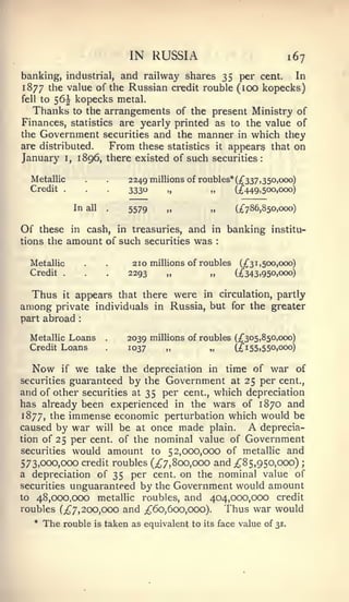 IN RUSSIA                                      167
banking, industrial, and railway shares 35 per cent.   In
1877 the value of the Russian credit rouble (100 kopecks)
fell     to   56^ kopecks metal.
   Thanks         to the arrangements of the present Ministry of
Finances, statistics are yearly printed as to the value of
the Government securities and the manner in which they
are distributed.   From these statistics it appears that on
January i, 1896, there existed of such securities:

  Metallic               .          .       2249 millions of roubles* (;f 337, 35o,cxx))
  Credit       .         .              .   3330     „          „     (2'449. 500.000)

                    In       all    .       5579      „          „       (£786,850,000)

Of       these in cash, in treasuries, and in banking institu-
tions the     amount of such securities was                          :




  Metallic               .          .        210 millions of roubles (/3 1,500,000)
  Credit       .         .          .       2293     „         „    (i^343.950,ooo)


  Thus it appears that there were in circulation, partly
among private individuals in Russia, but for the greater
part abroad          :




  Metallic Loans                    .       2039 millions of roubles (£305,850,000)
  Credit Loans                              1037     „           „       (Z"i55.550,ooo)


   Now              we
                take the depreciation in time of war of
               if
securities guaranteed  by the Government at 25 per cent.,
and of other securities at 35 per cent., which depreciation
has already been experienced in the wars of 1870 and
1877, the immense economic perturbation which would be
caused by war will be at once made plain.         deprecia-                 A
tion of 25 per cent, of the nominal value of Government
securities would amount to 52,000,000 of metallic and
573,000,000 credit roubles (^7,800,000 and ;^85,950,ooo) ;
a depreciation of 35 per cent, on the nominal value of
securities unguaranteed by the Government would amount
to 48,000.000 metallic roubles, and 404,000,000 credit
roubles (^7,200,000 and ;^6o,6oo,000).     Thus war would
     *   The   rouble          is   taken as equivalent to     its   face value of   3s.
 
