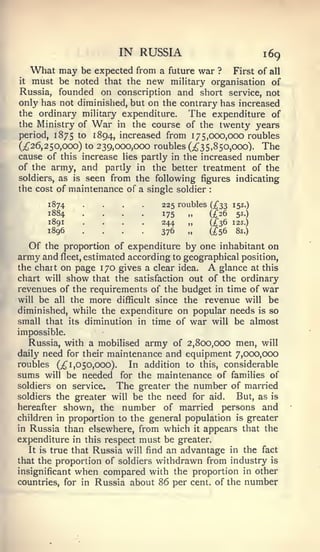 IN RUSSIA                            169
  What may     be expected from a future war ? First of all
it must be noted that the new military organisation of

Russia, founded on conscription and short service, not
only has not diminished, but on the contrary has increased
the ordinary military expenditure.     The expenditure of
the Ministry of War in the course of the twenty years
period, 1875 to 1894, increased from 175,000,000 roubles
(;^26,25o,ooo) to 239,000,000 roubles (i"35, 850,000). The
cause of this increase lies partly in the increased number
of the army, and partly in the better treatment of the
soldiers, as is seen from the following figures indicating
the cost of maintenance of a single soldier  :




       1874
       1884
               ....
               ....               225 roubles (£^3
                                  175   „    (;^26
                                                     15s.)
                                                      5s.)
       189I
       1896    ....
               .    .   ,    .    244
                                  376
                                        „
                                        M
                                             {£36
                                             (£56
                                                     I2S.)
                                                      8s.)


  Of   the proportion of expenditure by one inhabitant on
army and  fleet, estimated according to geographical position,
the chart on page 170 gives a clear idea.    A  glance at this
chart will show that the satisfaction out of the ordinary
revenues of the requirements of the budget in time of war
will be all the more difficult since the revenue will be
diminished, while the expenditure on popular needs is so
small that its diminution in time of war will be almost
impossible.
   Russia, with a mobilised army of 2,800,000 men, will
daily need for their maintenance and equipment 7,000,000
roubles (^1,050,000).      In addition to this, considerable
sums will be needed for the maintenance of families of
soldiers on service.    The greater the number of married
soldiers the greater will be the need for aid.      But, as is
hereafter shown, the number of married persons and
children in proportion to the general population is greater
in Russia than elsewhere, from which it appears that the
expenditure in this respect must be greater.
   It is true that Russia will find an advantage in the fact
that the proportion of soldiers withdrawn from industry is
insignificant when compared with the proportion in other
countries, for in Russia about 86 per cent, of the number
 