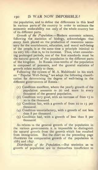 I90          IS   WAR NOW       IMPOSSIBLE?
the population, and to define the differences in this level
in various    parts of the country in order to estimate the
economic endurability not only of the whole country but
of its different parts.
                               —
   Growth of the Population. Modern economic science,
following the statistics of biology, acknowledges that
every limit placed on the production of resources neces-
sary for the nourishment, education, and moral well-being
of the people, is at the same time a principle inimical to
its very life—  that is, to its increase. Thus, when consider-
ing prolonged periods, one of the first standards must be
the natural growth of the population in the different parts
of the kingdom.       In Russia nine-tenths of the population
is composed of peasants, and the general statistics of
growth   relate mainly to them.
   Following the system of M. A. Malshinski in his work
on " Popular Well-Being," we adopt the following classifi-
cation for determining the degree of well-being in the
different governments of Russia    :




  (i) Condition excellent,   where the yearly growth of the
         population amounts to 20 and more in every
         thousand of the general population.
  (2)   Condition very good, with an increase of from 1 5 to
         20 in the thousand.
  (3)   Condition fair, with a growth of from 10 to 15 per
         thousand.
  (4)   Condition unsatisfactory, with a growth of not less
         than 8 per thousand.
  (5)   Condition bad, with a growth of less than 8 per
         thousand.

   As relates to the general growth of the population in
the various governments it is impossible to distinguish
the natural growth from the growth which has resulted
from immigration.     But the chart on the preceding page
illustrates the comparative growth of the population in
1885 and 1897.
  Distribution                         —
                  of the Population. But statistics as to
growth of population are      in themselves insufficient to
 