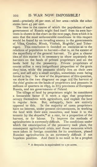 202         IS    WAR NOW                IMPOSSIBLE?
seed   —have per per
        precisely 26         cent, of her area     —while     the other
states      43       cent.
   The time in the course of which the population of each
government of Russia might feed itself from its own har-
vests is shown in the chart on the next page, from which it is
seen that the most unfavourable conditions in this respect
would be found by an invading enemy in the governments
of Vilna, Grodno, Minsk, Vitebsk, Moghilef, and Tcher-
nigov.   This conclusion is founded on statistics as to the
relations of population to harvest        —
                                     that is, on the extent of
the superfluity of the general harvest.     To give a clearer
idea of this matter it is necessary to show separately the
harvests on the lands of private proprietors and on the
lands held by the peasantry.           Private proprietors of
course utilise a very insignificant proportion of the grain
they raise, while the peasants chiefly live on their own
corn, and sell only a small surplus, sometimes even being
forced to buy.    In view of the importance of this question,
we show in the two diagrams on page 205 the harvest of
the chief grains on the lands of proprietors and peasants in
millions of quarters in 1893, ^^ ^^^y provinces of European
Russia, and ten governments of Poland.
   The tillage of land by proprietors might be considered
a favourable factor if it were, a sign that proprietors
occupy themselves with agriculture, and exploit the land
in regular form.       But, unhappily, facts are entirely
opposed to this.      In the majority of cases proprietors
have no interest, under present circumstances, in working
the land with their own resources, and lease it to the
tenants by the desyatin* at a rent, for a proportion of the
harvest, or for labour.       To improve the methods of
agriculturists is extremely difficult.   The conditions under
which the emancipation of the peasantry took place, the
consequent agricultural crisis, and those measures which
were taken in foreign countries for its avoidance, placed
Russian agriculturists in an extremely difficult if not
hopeless position.    And there is no need to be a prophet

              A   desyatin   is   equivalent to 2.70 acres.
 