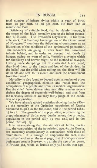 IN RUSSIA                         211
total   number of infants dying within a year of birth,
from    40 per cent, to 70 per cent, die from bad or
insufficient food.
   Deficiency of suitable food, that is, plainly, hunger, is
the cause of the high mortality among the infant popula-
tion of Russia.   The Protoierei Gilyarovski, in his valu-
able work, "   ASanitary Investigation of the Government
of Novgorod," mentions the following circumstance as an
illustration of the condition of the agricultural population.
The labourers on going to work leave the unweaned
infants behind, and in order to prevent their death by
hunger, owing to want of milk, '* employ a system which
for simplicity and horror might be the method of savages.
Having made dumplings out of masticated black bread,
they bind them to the hands and feet of the children, in
the belief that the child when rolling on the floor will lift
its hands and feet to its mouth and suck the nourishment
from the bread."
    Mortality is also found to depend upon a number of other
           —
conditions geographical, climatic, and racial, from the
occupations of a people and from its medical organisation.
But the chief factor determining mortality remains never-
theless the degree of economic well-being ; and thus from
the mortality statistics we may fairly judge of the condi-
tion of a population.
  We    have already quoted statistics showing that in 1867-
73 the mortality of the Orthodox population of Russia
amounted to 40.2 in the thousand, and in the period 1881-
85 to 41.    The growth of the population, representing the
preponderance of births over deaths among the orthodox
population in the period 1867-73 was 12.6, and in the
period 1881-85, ^S-
   It is not surprising that the statistics of births, morta-
lity, the composition of the population, age, &c., in Russia,
are extremely unsatisfactory in comparison with those of
other states.    It is enough to emphasise the fact, illus-
trated by the chart on the next page, that of lOCX) persons of
both sexes born in Norway, 717 attain the age of 25 years,
in Prussia 581, while in Russia only 508 attain that age.
 
